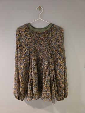 Floral Pleated Blouse in Olive and Mustard
